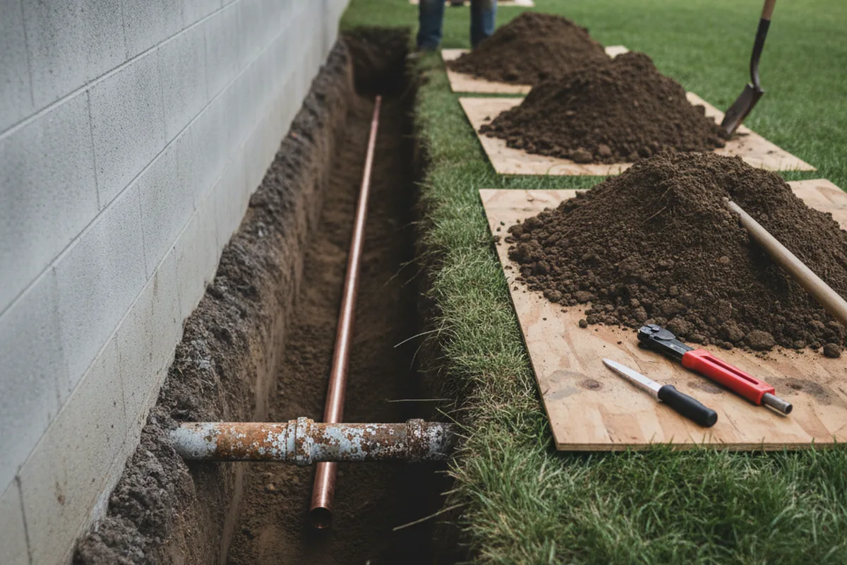 Excavated water line trench during Water Heater Repair in Empire
